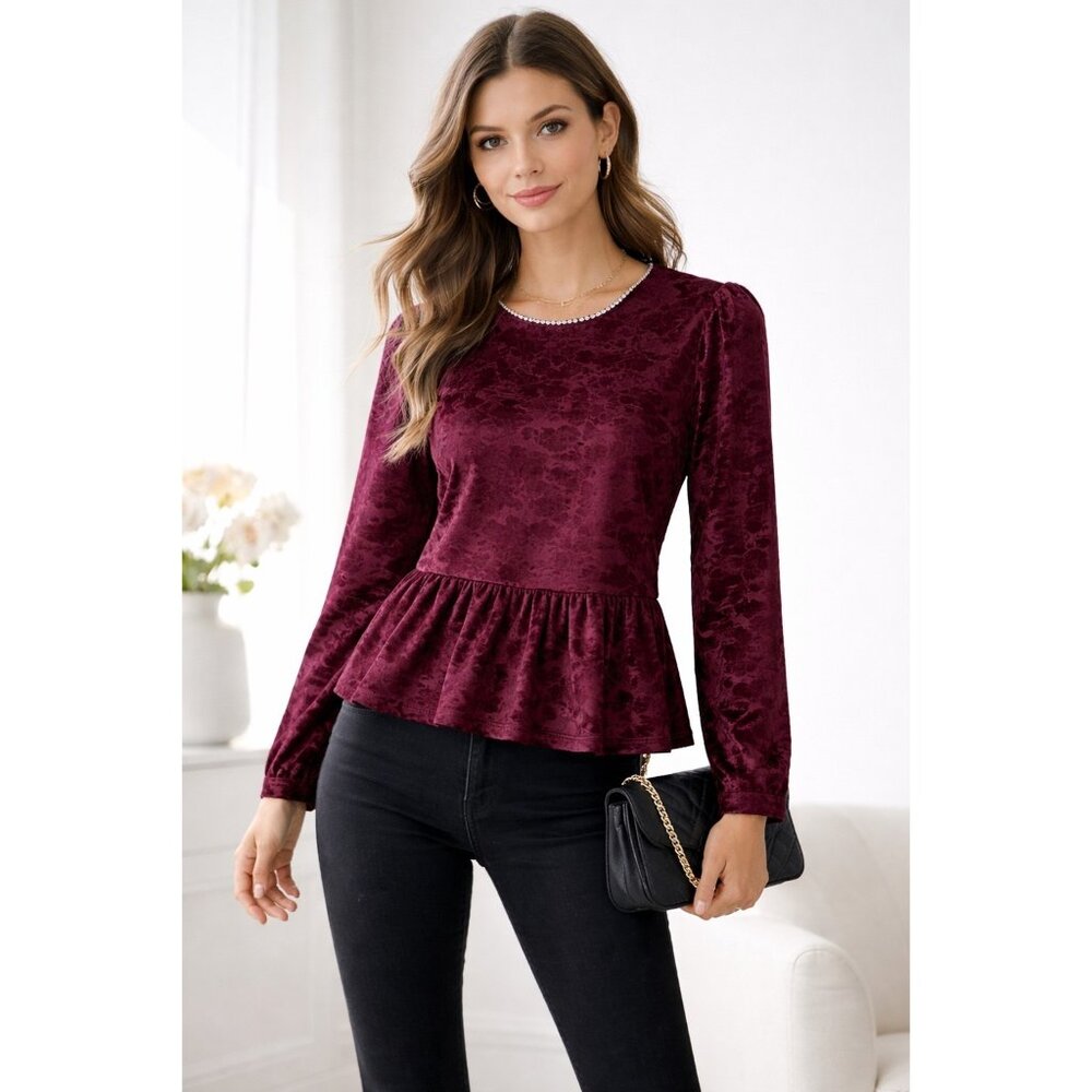 Cupio Blush Burgundy Velvet Peplum Blouse M Long‎ Sleeve NWT